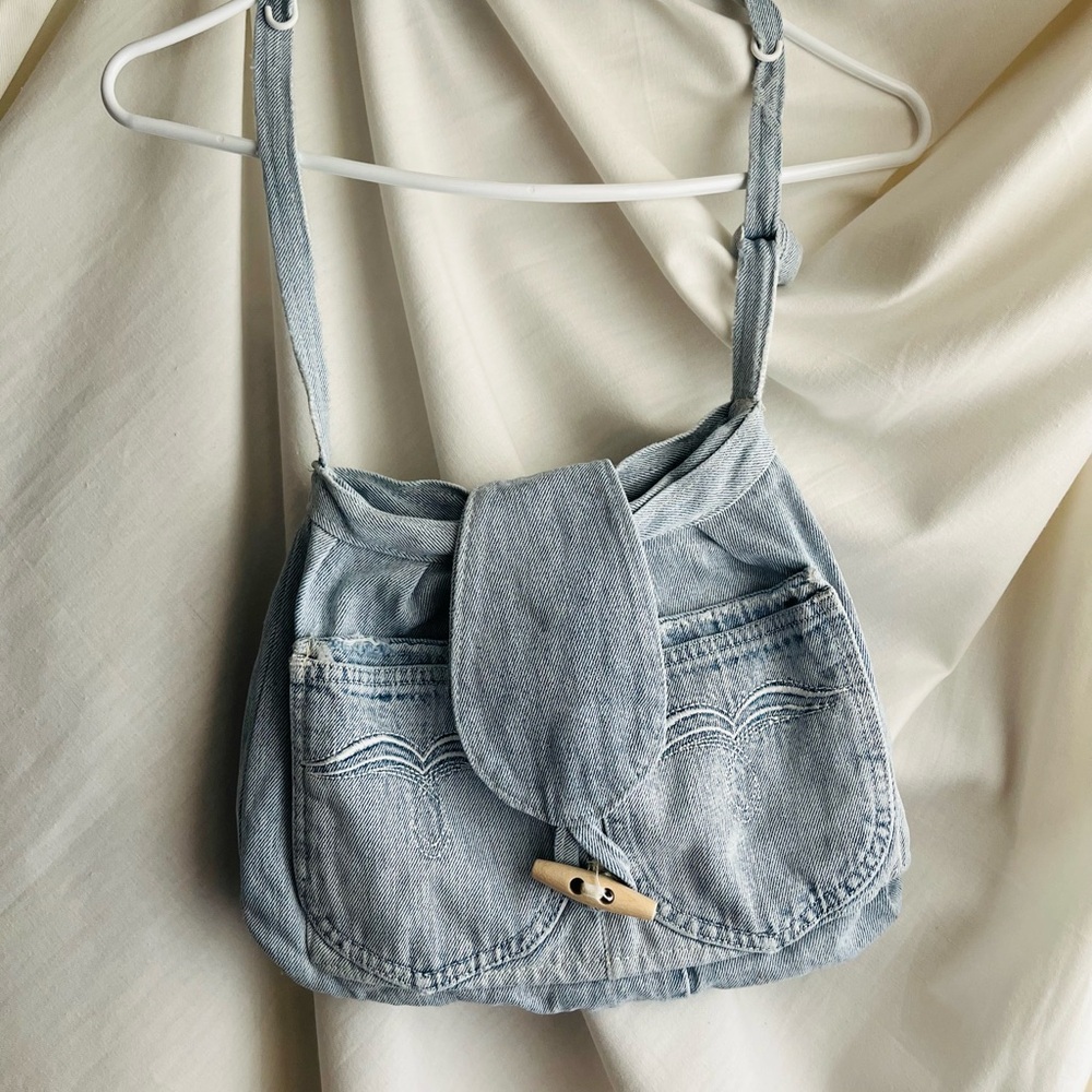 Light Blue Denim-Style Crossbody Bag with Toggle Closure